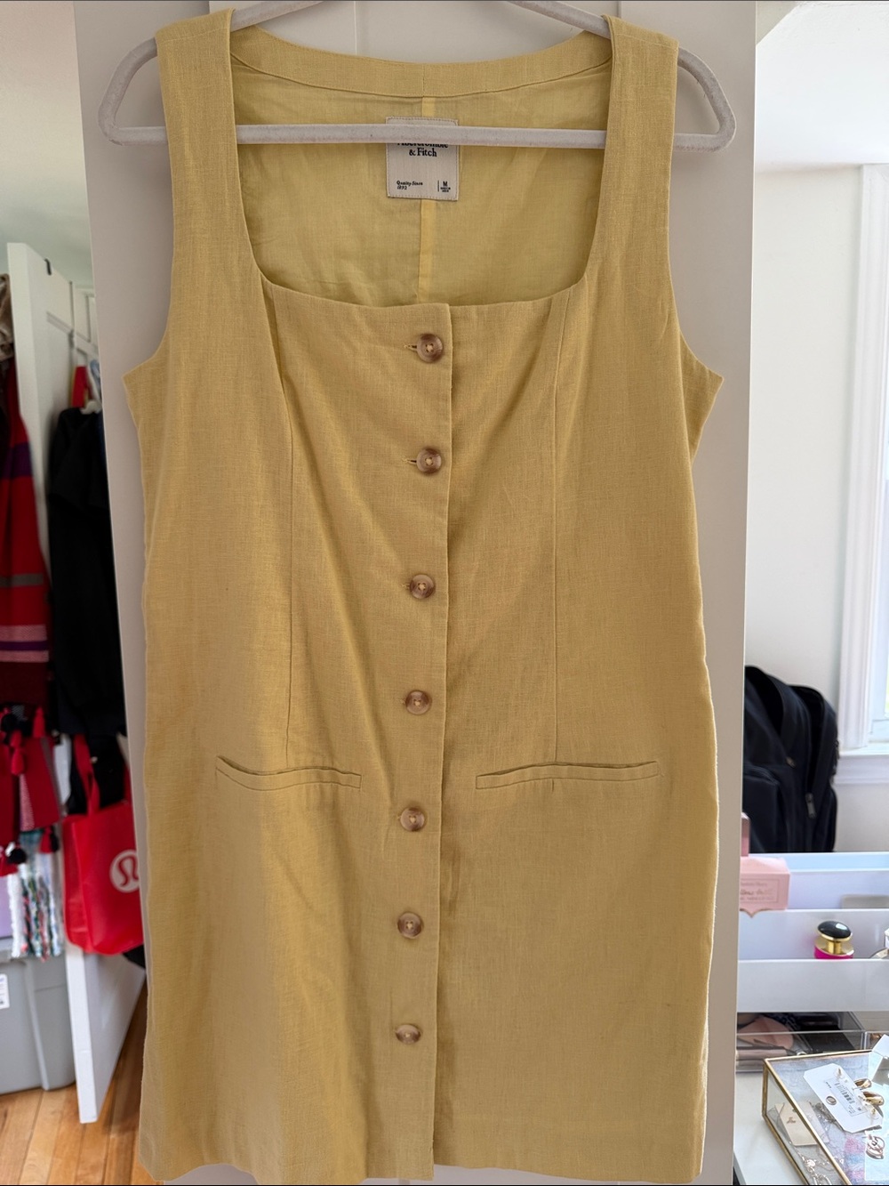 Abercrombie & Fitch Yellow Linen-Blend Button-Front Mini Dress
